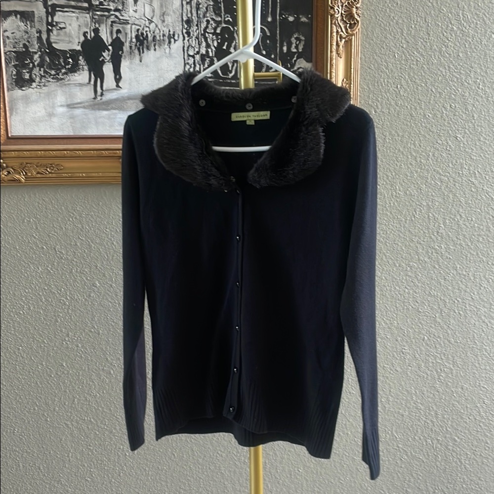 Carolyn Taylor Black Cardigan with Plush Collar